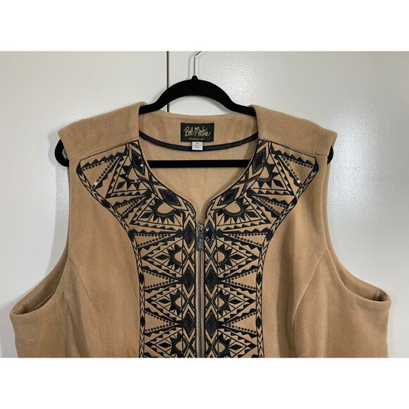 Bob Mackie Wearable Art Black Sequin & Embroidered Fleece Vest Tan 3X - Picture 2 of 9